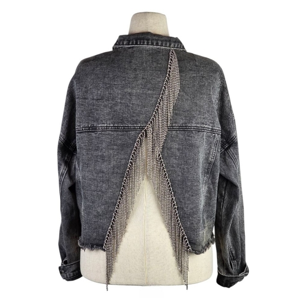 Savanna Jane Rhinestone Fringe Black Acid Wash Cropped Denim Jacket L Maximalism - Picture 7 of 7